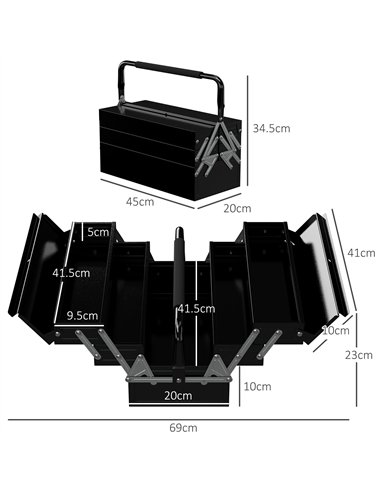 DURHAND 3 Tier Metal Toolbox, 5 Tray Professional Portable Tool Box with Carry Handle for Workshop, 45cmx20cmx34.5cm, Black