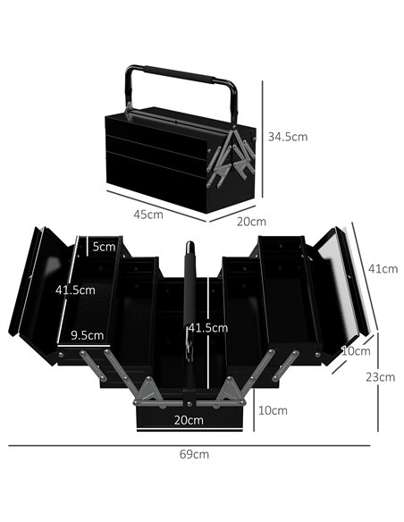 DURHAND 3 Tier Metal Toolbox, 5 Tray Professional Portable Tool Box with Carry Handle for Workshop, 45cmx20cmx34.5cm, Black - pic 134284 | FastDaddyshop