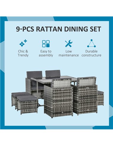 Outsunny 9PC 8-Seater Outdoor Rattan Furniture Set, Mixed Grey