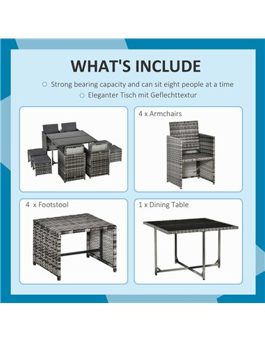 Outsunny 9PC Rattan Garden Furniture Outdoor Patio Dining Table Set Weave Wicker 8 Seater Stool Mixed Grey