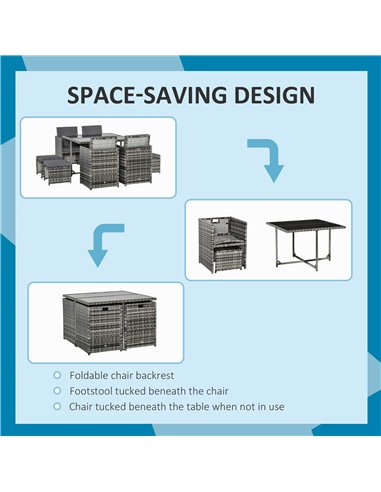 Outsunny 9PC Rattan Garden Furniture Outdoor Patio Dining Table Set Weave Wicker 8 Seater Stool Mixed Grey