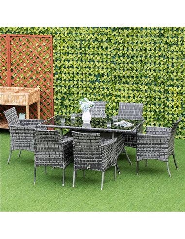 Outsunny 6-Seater Rattan Dining Set Garden Furniture Patio Rectangular Table Cube Chairs Outdoor Fire Retardant Sponge Grey