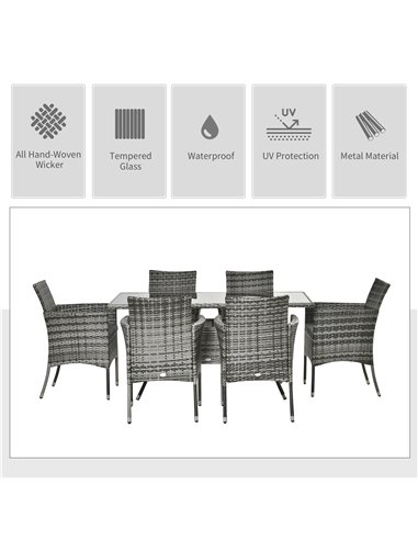 Outsunny 6-Seater Rattan Dining Set Garden Furniture Patio Rectangular Table Cube Chairs Outdoor Fire Retardant Sponge Grey