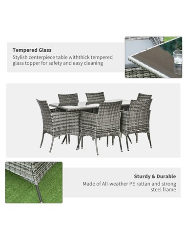 Outsunny 6-Seater Rattan Dining Set Garden Furniture Patio Rectangular Table Cube Chairs Outdoor Fire Retardant Sponge Grey
