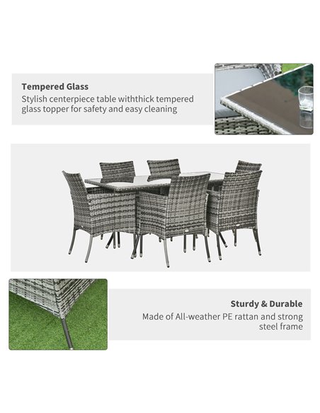 Outsunny 6-Seater Rattan Dining Set Garden Furniture Patio Rectangular Table Cube Chairs Outdoor Fire Retardant Sponge Grey - pic 13456 | FastDaddyshop