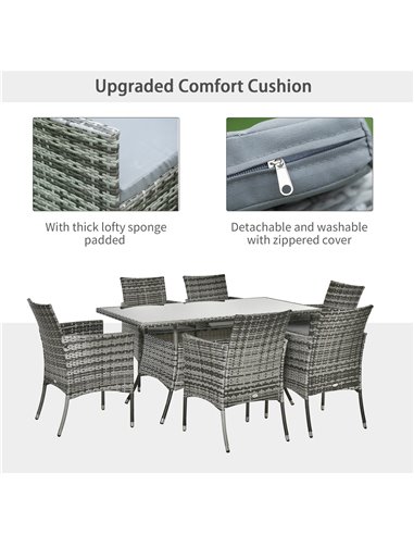 Outsunny 6-Seater Rattan Dining Set Garden Furniture Patio Rectangular Table Cube Chairs Outdoor Fire Retardant Sponge Grey
