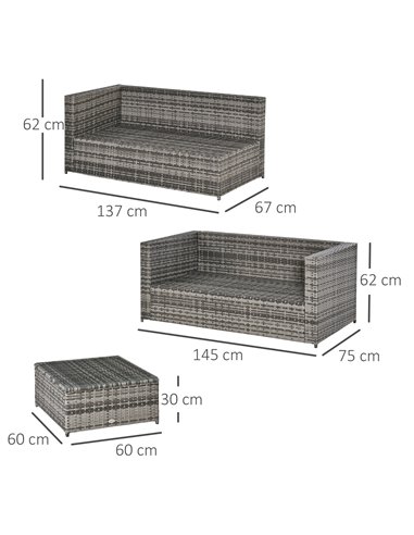 Outsunny Rattan Garden Furniture 4 Seater Outdoor Patio Corner Sofa Chair Set with Coffee Table Thick Cushions Grey