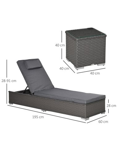 Outsunny 3 Piece Rattan Sun Lounger Set, Garden Furniture with Side Table, 5-Position Adjustable Recline Chair, Grey