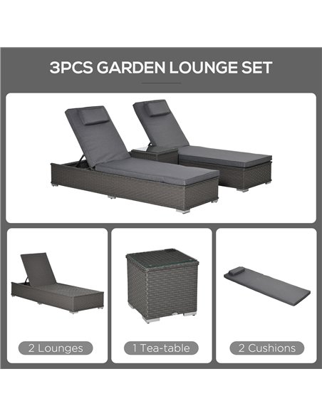 Outsunny 3 Piece Rattan Sun Lounger Set, Garden Furniture with Side Table, 5-Position Adjustable Recline Chair, Grey - pic 13471 | FastDaddyshop