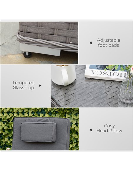 Outsunny 3 Piece Rattan Sun Lounger Set, Garden Furniture with Side Table, 5-Position Adjustable Recline Chair, Grey - pic 13473 | FastDaddyshop