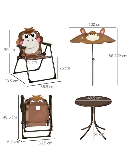 Outsunny Kids Outdoor Folding Garden Furniture Set with Monkey Design, Ages 3-6 Years, Brown - pic 13477 | FastDaddyshop