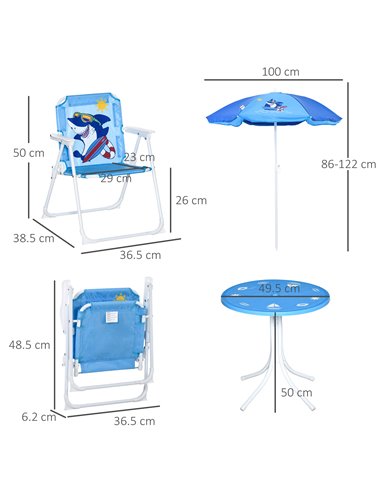 Outsunny Kids Outdoor Folding Garden Furniture Set with Shark Design, Ages 3-6 Years, Blue