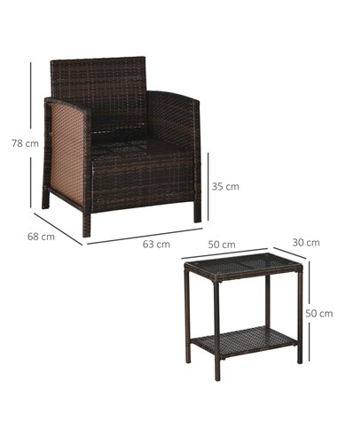 Outsunny 2-Seater Garden Outdoor Rattan Furniture Set with Cushion Pillow, Brown