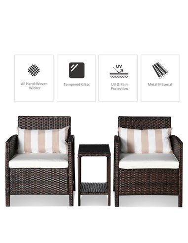 Outsunny 2-Seater Garden Outdoor Rattan Furniture Set with Cushion Pillow, Brown