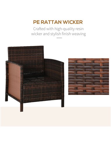 Outsunny 2-Seater Garden Outdoor Rattan Furniture Set with Cushion Pillow, Brown