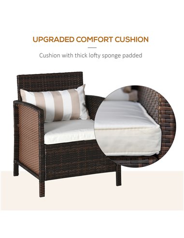Outsunny 2-Seater Garden Outdoor Rattan Furniture Set with Cushion Pillow, Brown