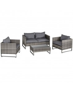 Outsunny 4 Pieces PE Rattan Garden Furniture Set with Cushion, Glass Top Coffee Table, Dark Drey