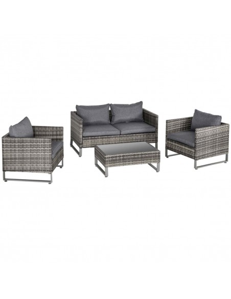 Outsunny 4 Pieces PE Rattan Garden Furniture Set with Cushion, Glass Top Coffee Table, Dark Drey - pic 13516 | FastDaddyshop