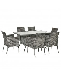 Outsunny 7-Piece Rattan Dining Set, with Glass-Top Table, Grey
