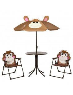 Outsunny Kids Outdoor Folding Garden Furniture Set with Monkey Design, Ages 3-6 Years, Brown