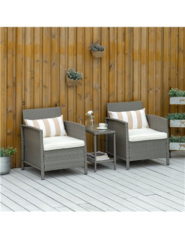 Outsunny 3 Pieces Garden Outdoor Rattan Furniture Set with Cushion Pillow, Light Grey