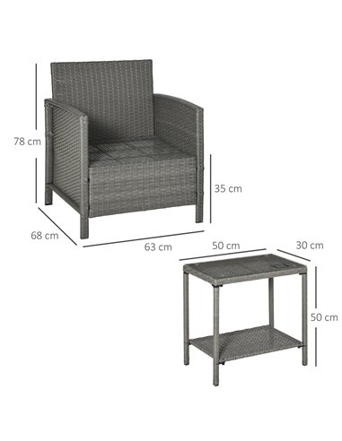 Outsunny 3 Pieces Garden Outdoor Rattan Furniture Set with Cushion Pillow, Light Grey