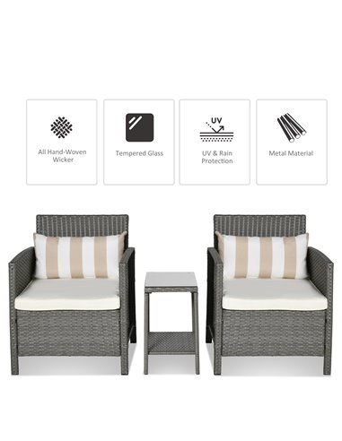 Outsunny 3 Pieces Garden Outdoor Rattan Furniture Set with Cushion Pillow, Light Grey