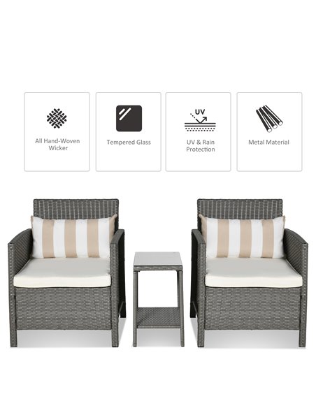 Outsunny 3 Pieces Garden Outdoor Rattan Furniture Set with Cushion Pillow, Light Grey - pic 13530 | FastDaddyshop