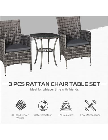 Outsunny Rattan Garden Furniture Bistro Set 3 PCs Patio Weave Companion Chair Table Set Conservatory, Light Grey