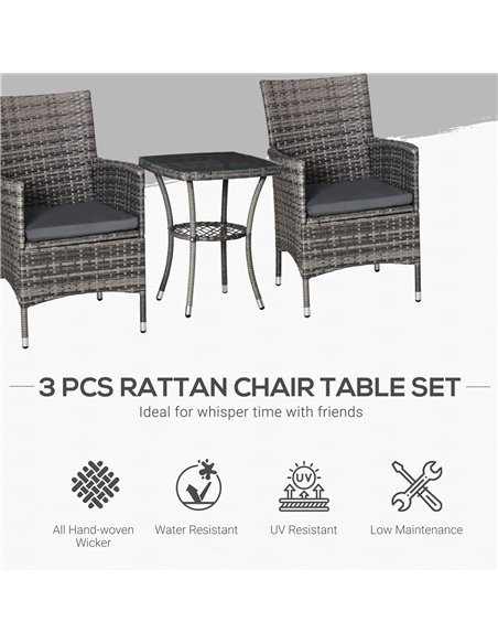 Outsunny Rattan Garden Furniture Bistro Set 3 PCs Patio Weave Companion Chair Table Set Conservatory, Light Grey - pic 13538 | FastDaddyshop