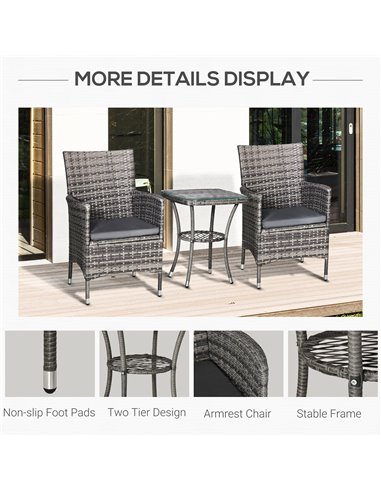 Outsunny Rattan Garden Furniture Bistro Set 3 PCs Patio Weave Companion Chair Table Set Conservatory, Light Grey