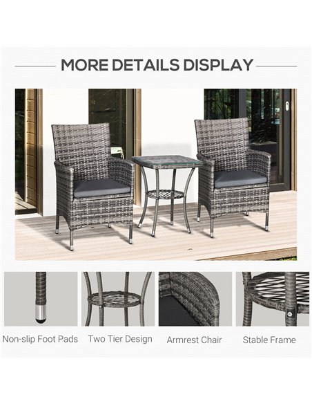 Outsunny Rattan Garden Furniture Bistro Set 3 PCs Patio Weave Companion Chair Table Set Conservatory, Light Grey - pic 13539 | FastDaddyshop