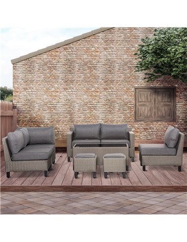 Outsunny 7-Seater PE Rattan Sofa Set with Tempered Glass Coffee Table & Cushions, Grey