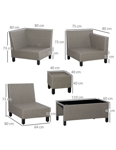 Outsunny 7-Seater PE Rattan Sofa Set with Tempered Glass Coffee Table & Cushions, Grey