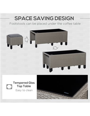 Outsunny 7-Seater PE Rattan Sofa Set with Tempered Glass Coffee Table & Cushions, Grey