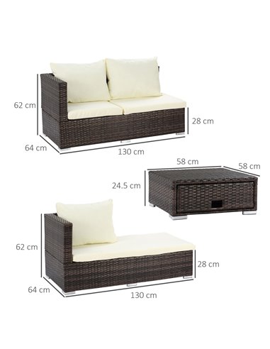 Outsunny 4-Seater Rattan Garden Furniture Storage Sofa Set with Cushion, Brown