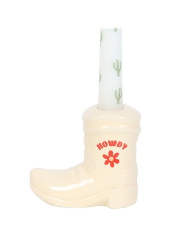 White Cowboy Boot Candle Holder with Taper Candle RO_50425