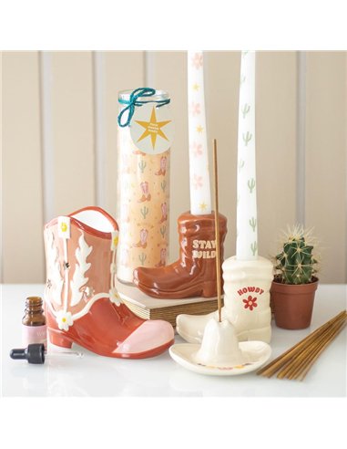 White Cowboy Boot Candle Holder with Taper Candle RO_50425