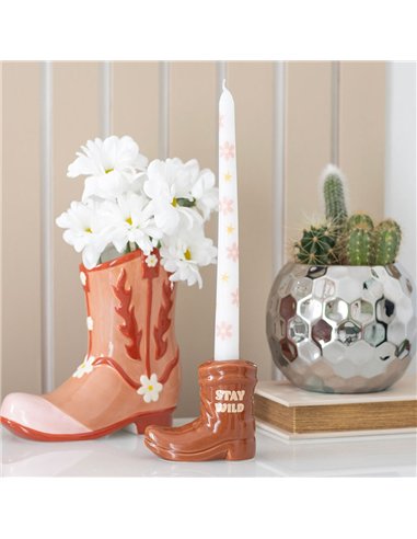 Brown Cowboy Boot Candle Holder with Taper Candle RO_50525