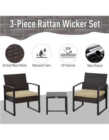 Outsunny PE Rattan Garden Furniture 3 pcs Patio Bistro Set Weave Conservatory Sofa Coffee Table and Chairs Set Beige