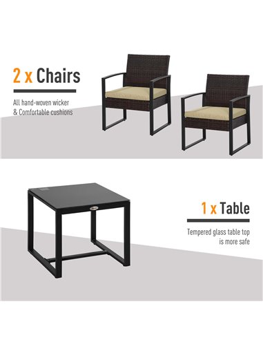 Outsunny PE Rattan Garden Furniture 3 pcs Patio Bistro Set Weave Conservatory Sofa Coffee Table and Chairs Set Beige