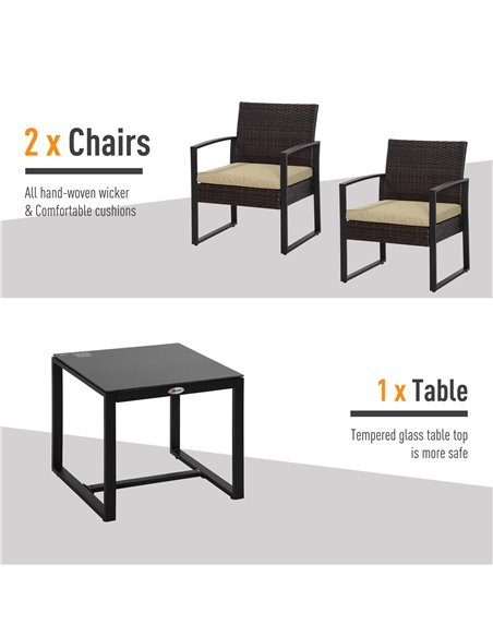 Outsunny PE Rattan Garden Furniture 3 pcs Patio Bistro Set Weave Conservatory Sofa Coffee Table and Chairs Set Beige - pic 13571 | FastDaddyshop