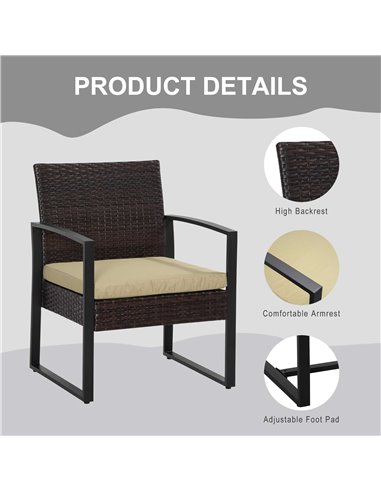 Outsunny PE Rattan Garden Furniture 3 pcs Patio Bistro Set Weave Conservatory Sofa Coffee Table and Chairs Set Beige