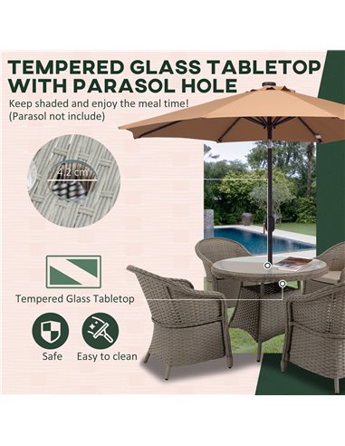 Outsunny 5 Pieces Luxury PE Rattan Dining Sets with Cushion, Umbrella Hole, Mixed Grey