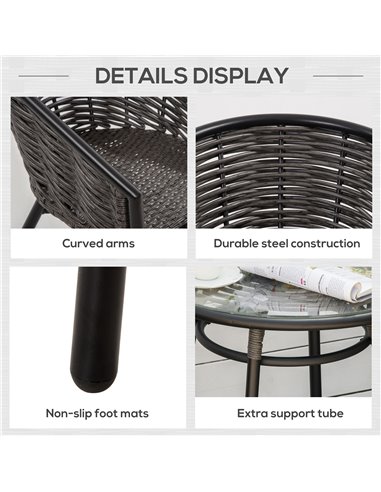 Outsunny Rattan Bistro Set 2-Seater Wicker Garden Furniture Round Table for Patio and Balcony w/ Cushions, Grey