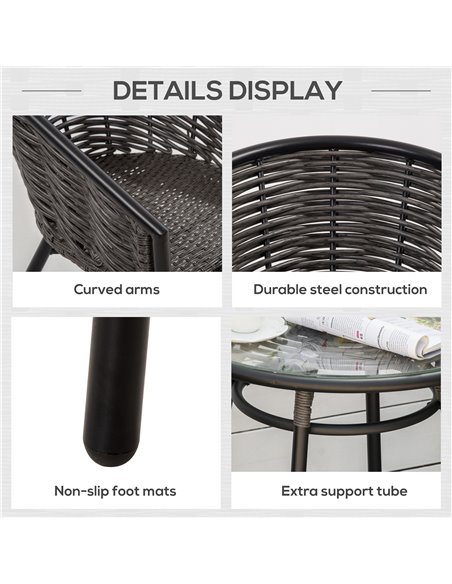 Outsunny Rattan Bistro Set 2-Seater Wicker Garden Furniture Round Table for Patio and Balcony w/ Cushions, Grey - pic 13603 | FastDaddyshop