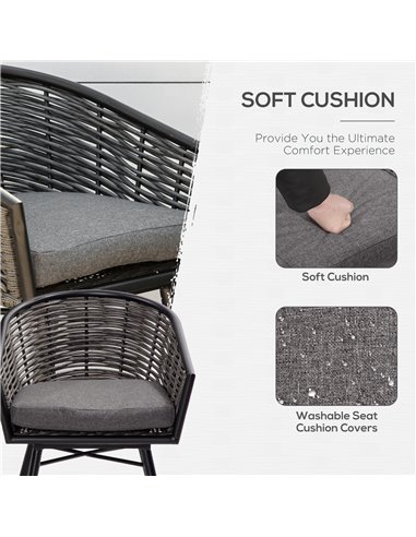 Outsunny Rattan Bistro Set 2-Seater Wicker Garden Furniture Round Table for Patio and Balcony w/ Cushions, Grey