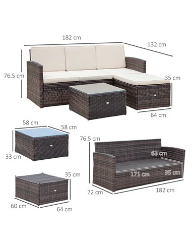 Outsunny Rattan Garden Furniture Outdoor Patio 4 Seater Corner Sofa and Coffee Table Set Footstool with Thick Cushions Brown