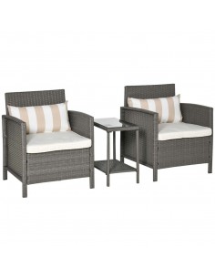 Outsunny 3 Pieces Garden Outdoor Rattan Furniture Set with Cushion Pillow, Light Grey