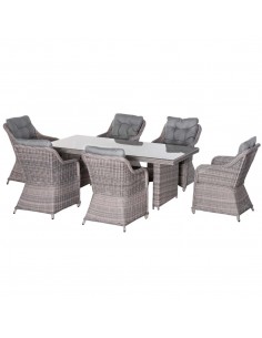 Outsunny 7-Seater PE Rattan Sofa Set with Tempered Glass Coffee Table & Cushions, Grey